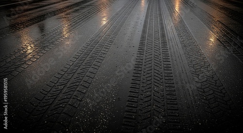 Multiple tire tracks imprinted on a dark, wet asphalt surface, reflecting city lights in a low-light setting.