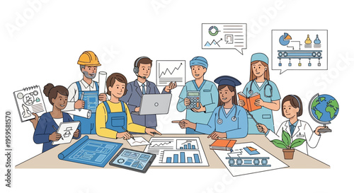 Diverse professionals collaborating around a table with charts and graphs