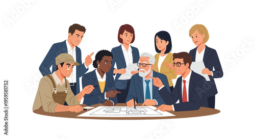 Diverse group of people discussing and pointing at architectural plans