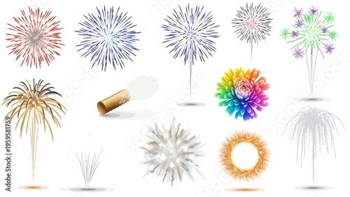 Collection of colorful fireworks explosions against a white background