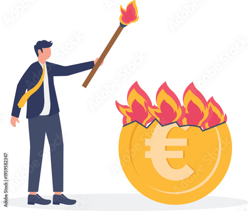 Businessman burning a gold Euro coin with a torch