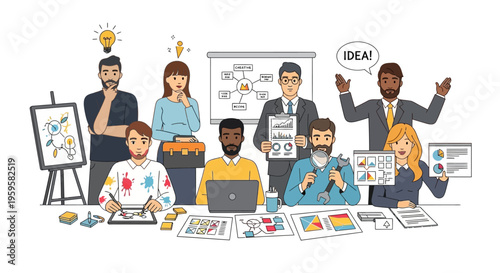 Diverse group of people brainstorming ideas in a meeting room with charts and graphs