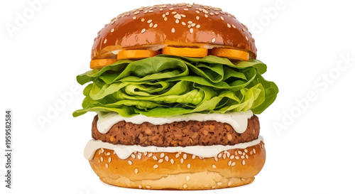 Delicious and healthy plant-based burger with fresh lettuce, a savory patty, and sesame seed bun, isolated on a white background, perfect for a modern diet