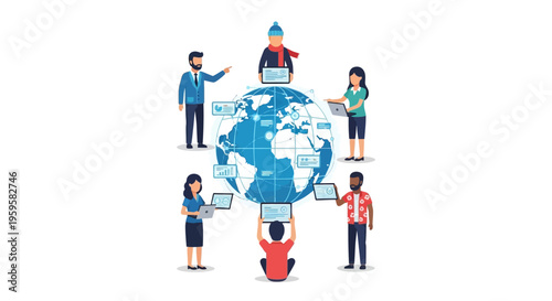 Global team collaboration with laptops and digital data exchange