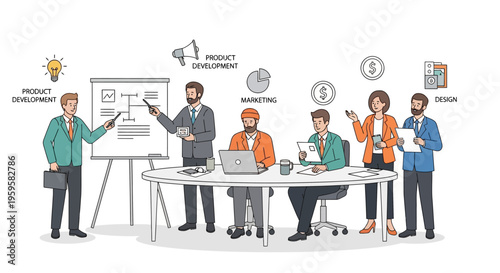 Business team discussing product development and marketing strategy