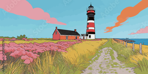 Colorful lighthouse stands by water with flowers and grass under a bright sky during daytime near the coast