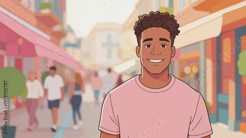 Smiling young man stands in a busy street with shops and people walking in the background during daytime