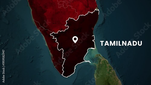 Tamil Nadu map highlighted animation video. State location marked on India map with glowing outline and modern geographic 