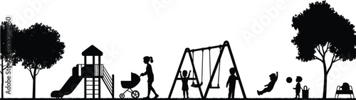 Playground silhouette illustration, outdoor recreation icons with children on swings, slide, stroller, ball, toy cart, and trees, family leisure theme, vector art, black isolated bold design