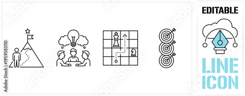 Editable line icon set in a black simple and clean vector customisable  outline stroke for business strategy, personal focus, creative thinking, brainstorm session, ambition goal and target practice.