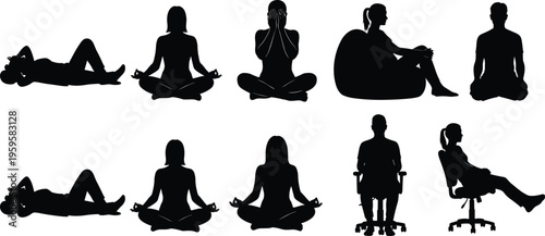 Seated people silhouettes, reclined postures, meditation poses, office chair positions, relaxation illustration, ergonomic design, vector artwork, body language graphic