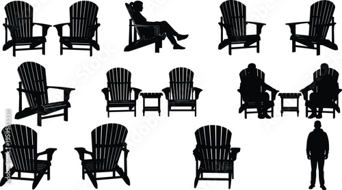 Adirondack chair silhouettes, outdoor furniture design, seating arrangements, human scale comparison, vector illustration, garden decor, patio layout, stylized artwork