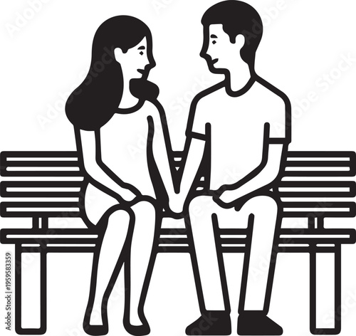A loving couple shares a moment of connection, holding hands and gazing at each other with affection while sitting on a bench.