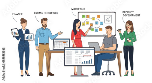 Business team working together on marketing strategy with finance human resources and product development