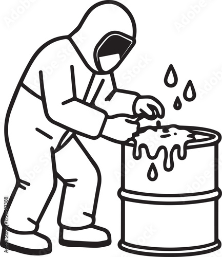 An illustration depicting a worker wearing a protective suit handling a hazardous chemical spill from a barrel.