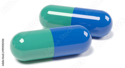 Two pharmaceutical capsules in vibrant blue and green colors, representing medication, health supplements, or medical treatment on an isolated white background