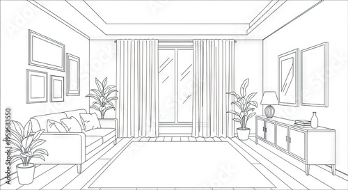 Outlined interior scene with furniture and decorative elements for design concepts
