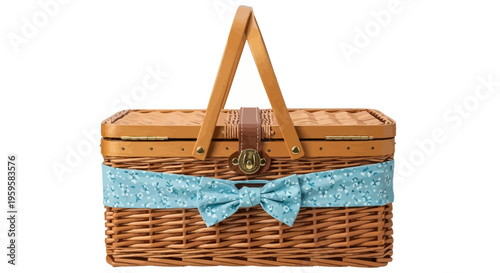 Artfully crafted wicker picnic basket, elegantly adorned with a charming blue bow, evoking idyllic outdoor dining experiences and cherished leisure moments