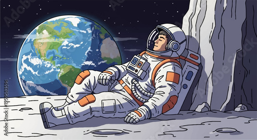 Astronaut in white and orange space suit relaxing on moon surface with earth in background at night