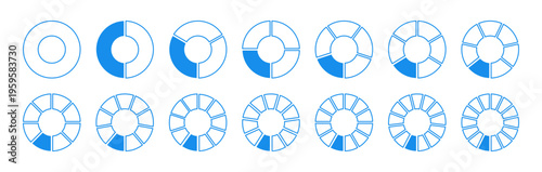 Blue wheel round divided diagrams from one to fourteen segments. Circle division from 1 2 3 4 5 6 7 8 9 10 11 12 13 14 equal parts. Coaching blank. Infographic set.