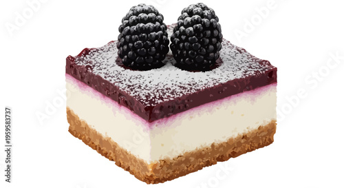 A delectable individual portion of creamy cheesecake topped with fresh blackberries and a dusting of powdered sugar, perfect for a sweet treat