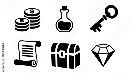 Minimalist black fantasy game icons set featuring treasure chest coins diamond key scroll and potion for rpg interface design