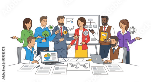 Diverse group of business professionals collaborating in meeting room with laptops and whiteboard