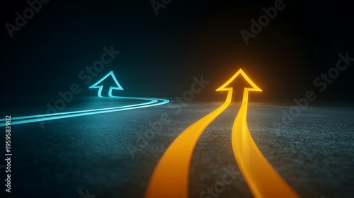Two glowing neon arrows one blue and one orange curving upwards on a dark asphalt road surface