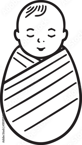 An endearing illustration captures the serene essence of infancy. A newborn is peacefully swaddled, eyes closed, in a monochrome sketch, creating a timeless depiction of new life.