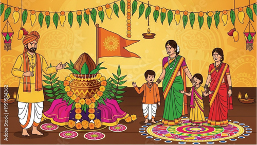 Family celebrates traditional Indian festival with decorations and rituals at home