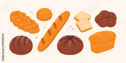Set of various bread types. Baguette, braided loaf, round bread, toast slices and sesame bun. Hand drawn vector for menus, packaging and food design projects.
