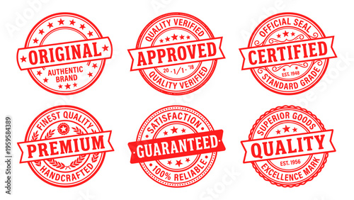 Set of red rubber stamp icons for quality assurance and product certification including original approved and guaranteed labels