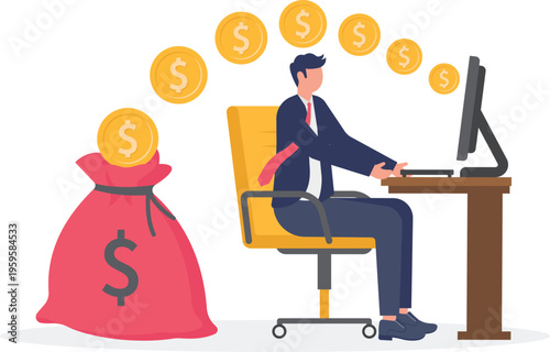 Businessman at a desk with gold coins flying into a money bag