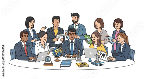 Diverse business team collaborating around a table with laptops and books