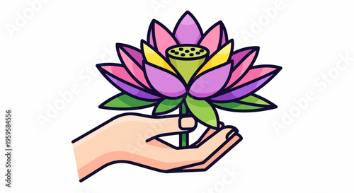 Gentle hand offers a vibrant lotus flower, symbolizing peace and purity.
