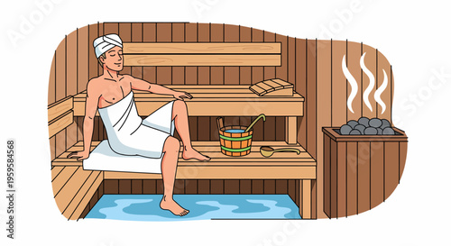 Man relaxing in a warm wooden sauna, enjoying a moment of calm and wellness.