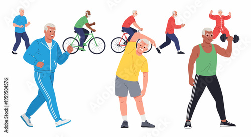 Active seniors enjoying diverse fitness activities, promoting healthy aging and vitality.