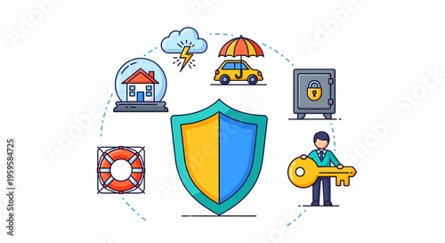 Concept of comprehensive protection and security with a shield protecting various assets.