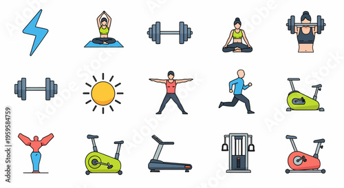 Collection of simple, colorful icons representing fitness, exercise, and healthy living.