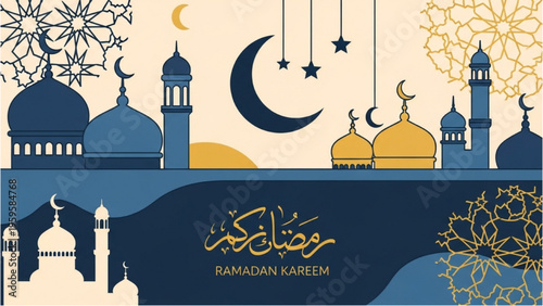 Ramadan celebration with mosques and lanterns in night sky with crescent moon