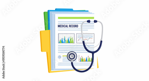 Doctor's stethoscope resting on medical record charts for health data analysis