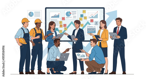 Business people and workers discussing data on a large screen