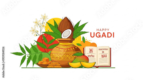 Festive Ugadi celebration with traditional Indian decorations and fruits