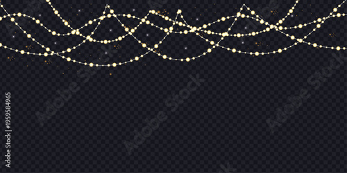 Festive golden string lights arranged in waves with twinkling lights and bokeh effects on transparent dark background, ideal for celebrations vector illustration.
