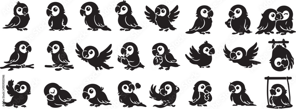 Fototapeta premium Cute Cartoon Parrot Silhouette Collection - Various Poses and Expressions.