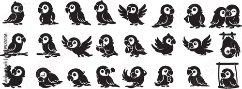Cute Cartoon Parrot Silhouette Collection - Various Poses and Expressions.