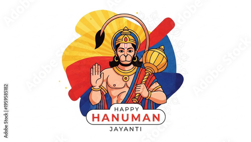 Lord Hanuman standing heroically with mace in hand near temple