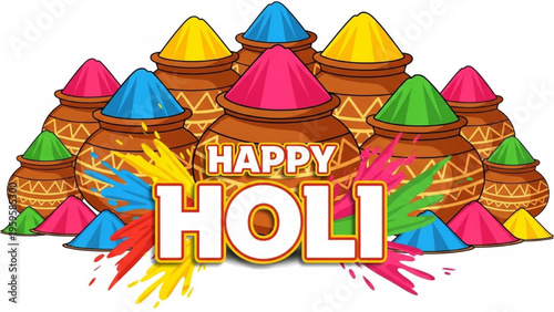 Colorful Holi celebration with vibrant pots and splashes everywhere outside