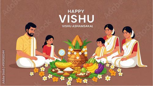 Family celebrates traditional Vishu festival with decorations and food