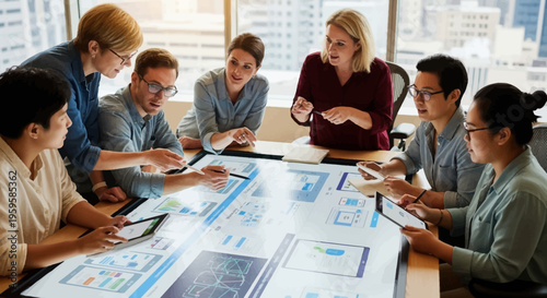 Diverse group of business professionals collaborating on digital project